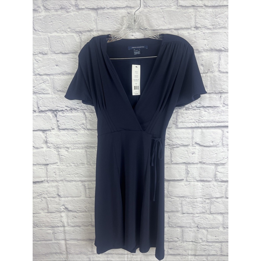 French Connection NWT Flattering Navy V-Neck Wrap Classic Stretch Dress Size 4